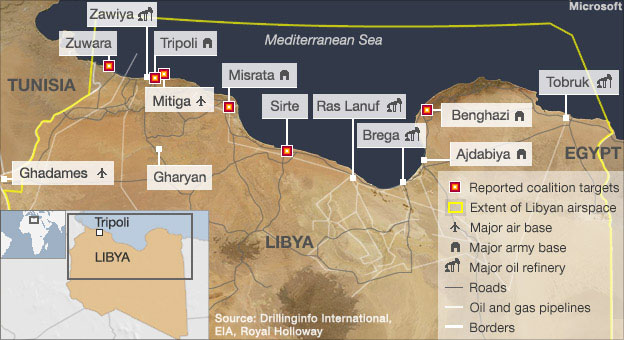 Reported targets in the "coalition" acts of aggression against Libya
